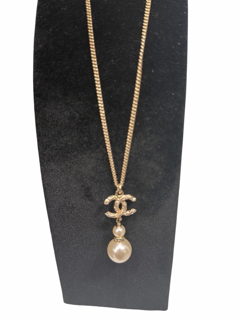 CHANEL Gold Tone CC Pendant Necklace with Pearl Drop